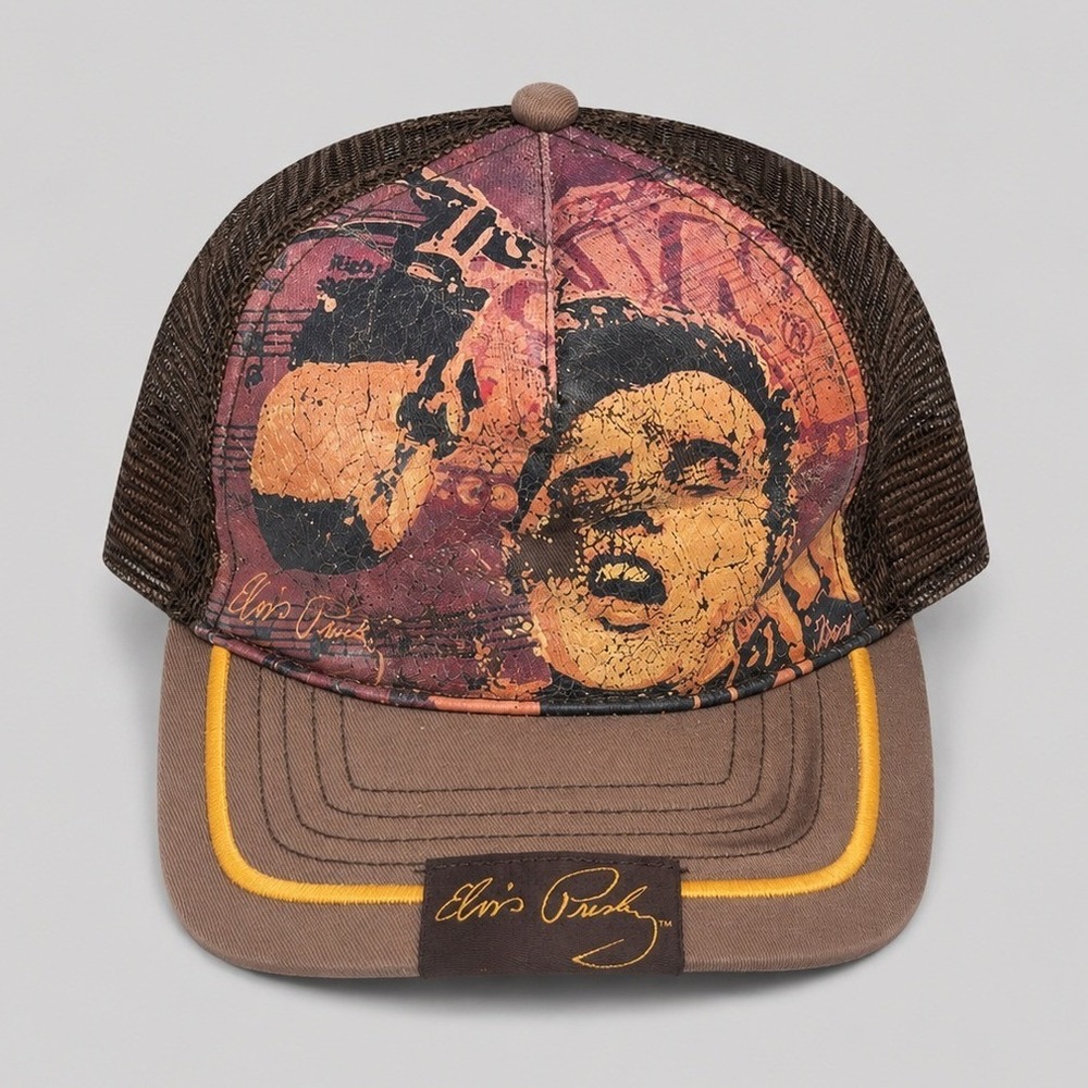 Elvis Presley Trucker Hat Vintage Y2K Mesh Graphic Snapback Brown Cap